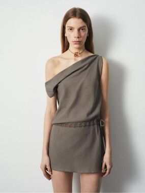 Gimaguas One-Shoulder Taupe Mini Dress with Side Tie